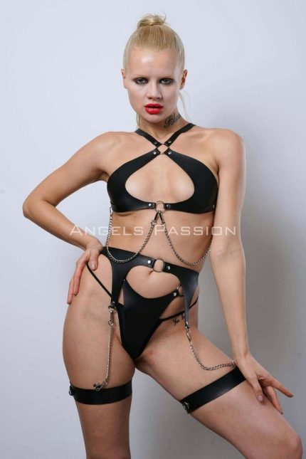Lisinya41 Deri Fantezi İç Giyim Takım, Şık Deri Harness Set, Club Wear