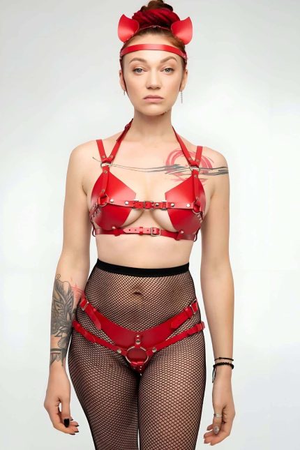 Lisinya41 Fantazi Deri Sütyen Ve Külot Takım, Kulaklık Detaylı Harness