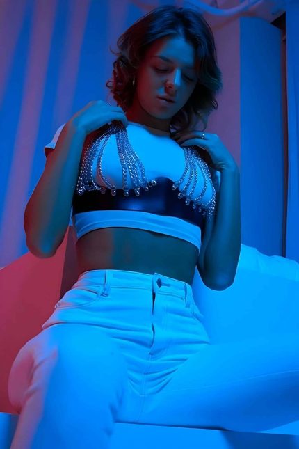 Lisinya41 Zincir Detaylı Şık Deri Korse Kemer, Deri Zincirli Elbise Aksesuarı