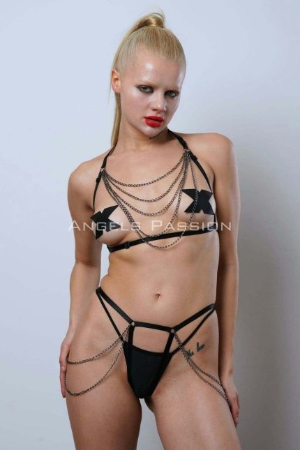 Lisinya41 Zincir Detaylı Şık Lastik Harness Takım, Erotik Fantezi Giyim